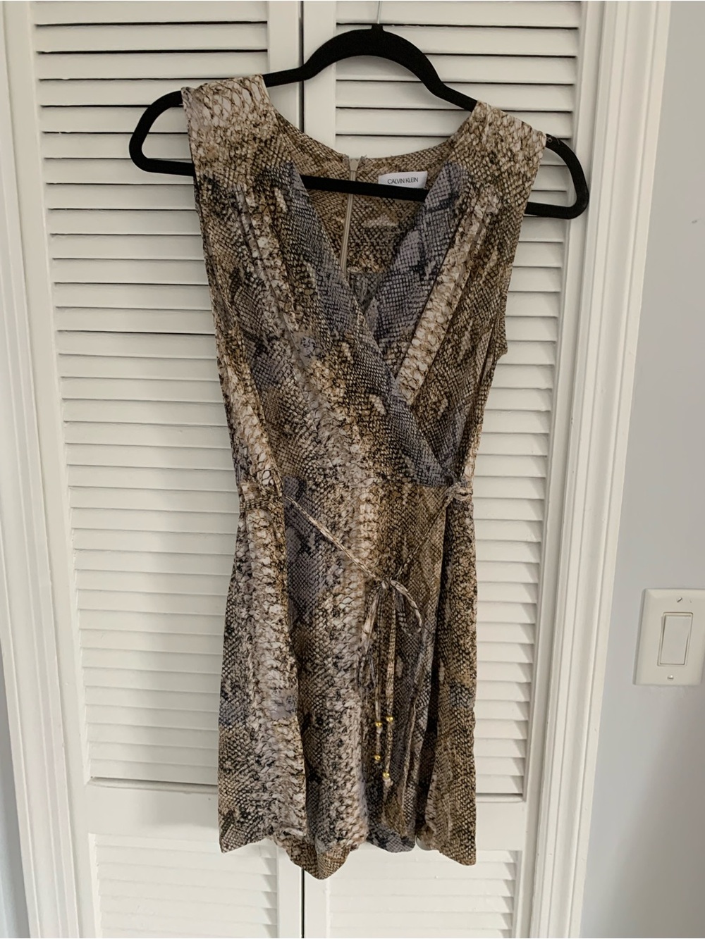 Calvin Klein Beige and Black Snake-Print Mini Wrap ROMPER